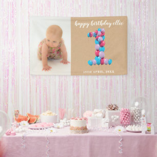 Baby Girl Boy 1st Birthday Balloons Number One Banner
