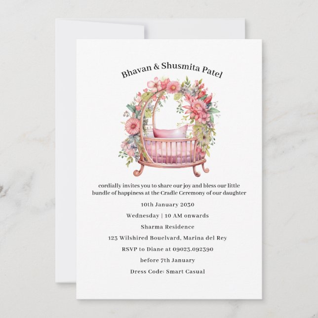Baby Girl Boy Cradle Ceremony Floral Invitation (Front)