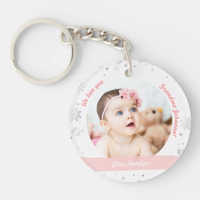 Baby Girl Boy Twins 2 Photos Names Grandma Snow Key Ring (Front)
