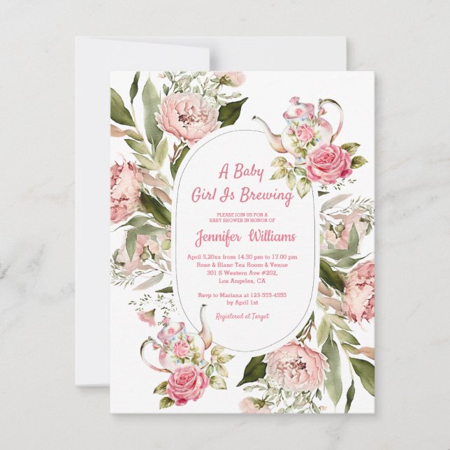 baby girl brewing botanical tea party baby shower  invitation (Front)