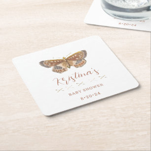 Baby Girl Butterfly Kisses Baby Shower Square Paper Coaster