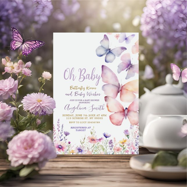 Baby Girl Butterfly Purple Flowers Baby Shower  Invitation (Creator Uploaded)