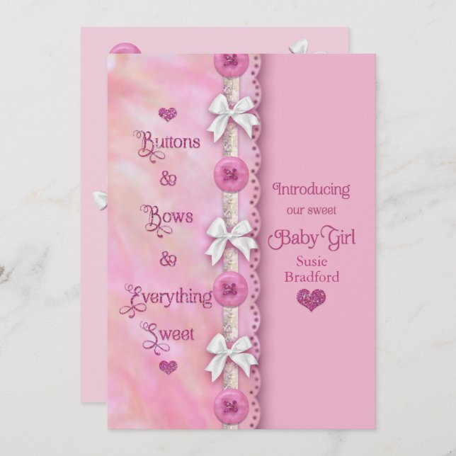 Baby Girl Buttons and Bows Pink Announcement (Front/Back)