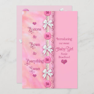 Baby Girl Buttons and Bows Pink Announcement