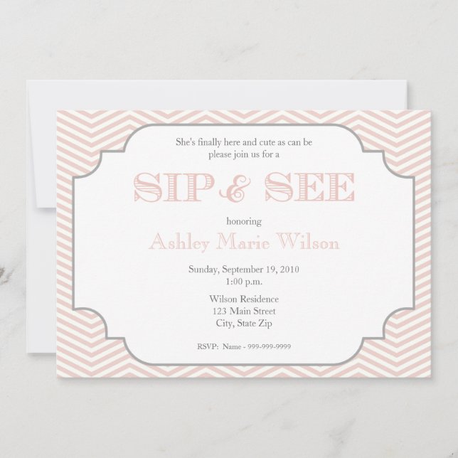 Baby Girl Chevron Sip and See Invitation (Front)
