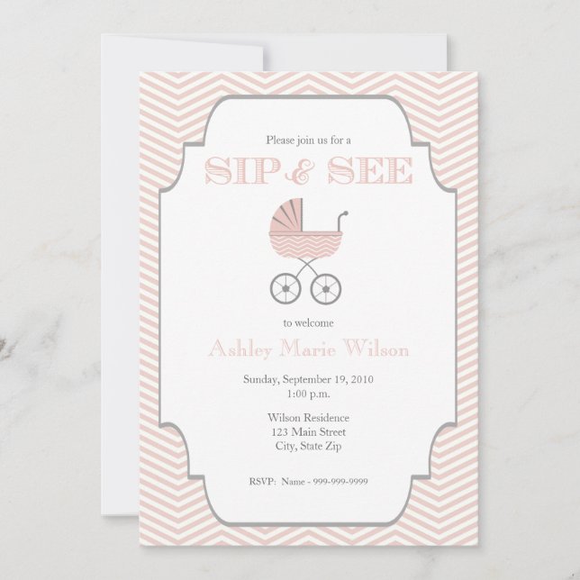 Baby Girl Chevron Sip and See Invitation (Front)