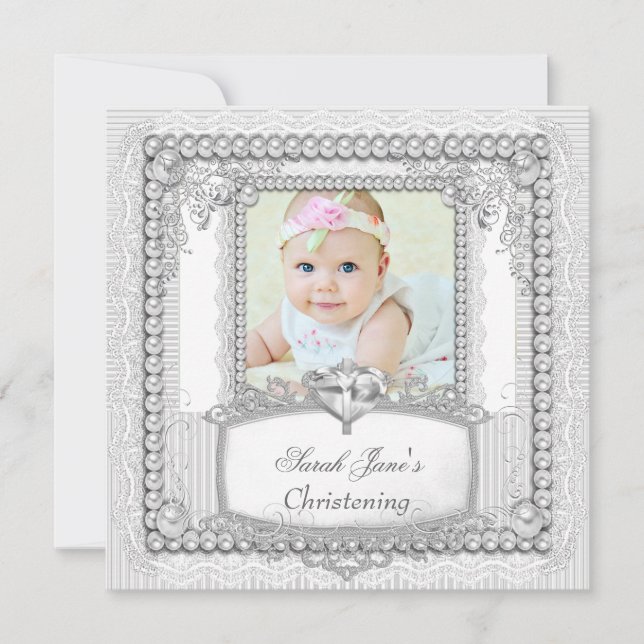 Baby Girl Christening Baptism Pearl Lace Announcement (Front)