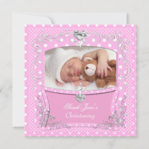 Baby Girl Christening Baptism Pink Polka Dot 2 Invitation
