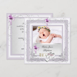 Baby Girl Christening Baptism White Lilac Pink Invitation