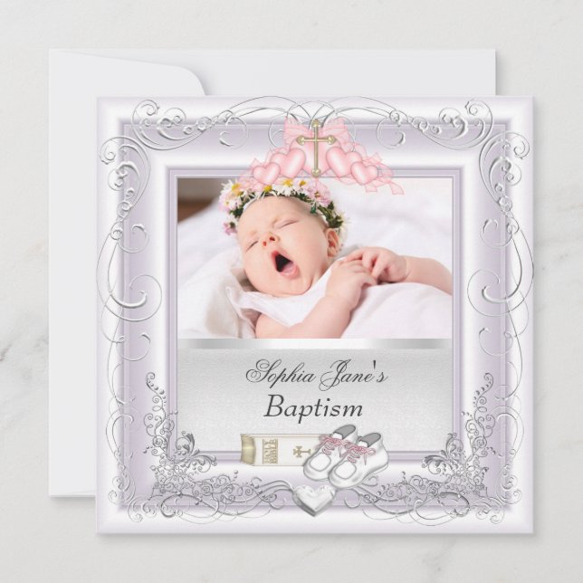 Baby Girl Christening Baptism White Pink Announcement (Front)