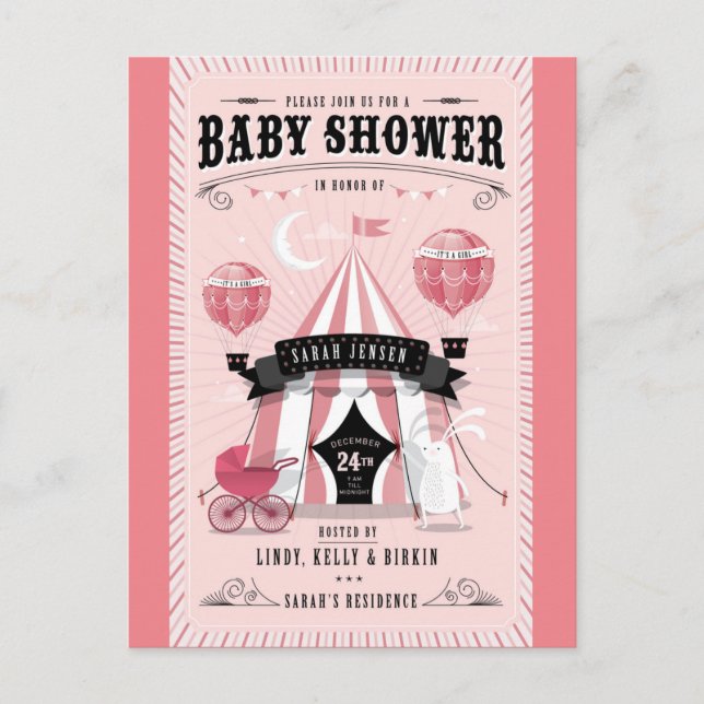 Baby Girl Circus Baby Shower Invitation Postcard (Front)