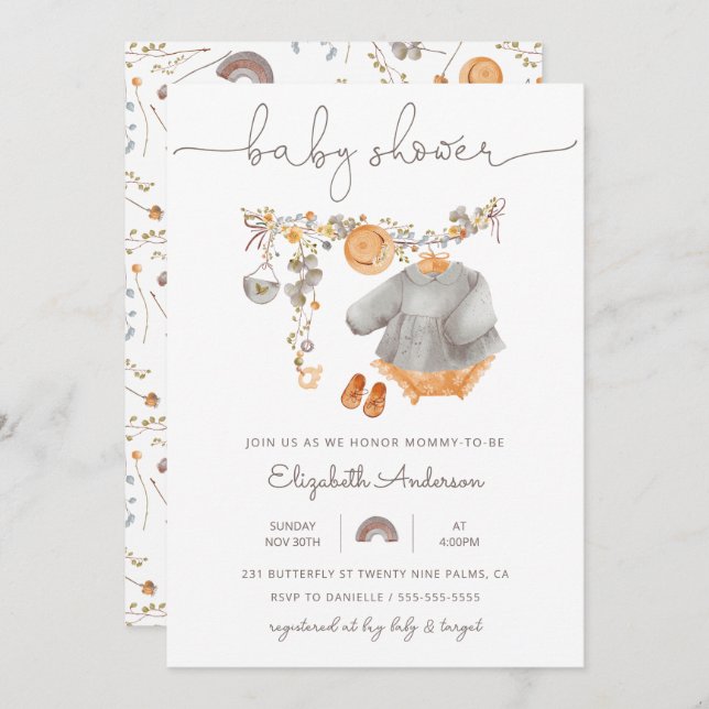 Baby Girl Clothesline Baby Shower Invitation (Front/Back)