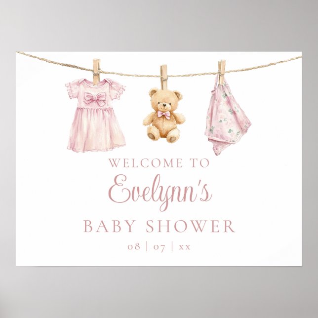 Baby Girl Clothesline Baby Shower Welcome Sign (Front)