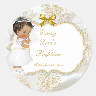 Baby Girl Communion Baptism Gold Cross Ethnic Classic Round Sticker