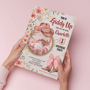 Baby Girl Cowgirl Pink flower 1st Birthday Photo Invitation