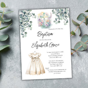 Baby Girl Cross Eucalyptus Dress Baptism Luncheon Invitation