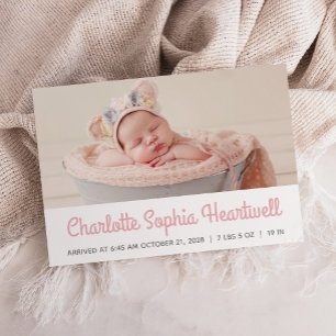 Baby Girl Custom Photo Pink Retro Script Birth Announcement