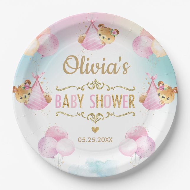 Baby Girl Cute Bear Balloons Baby Shower Paper Plate (Front)