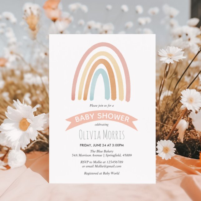 Baby Girl Cute Pink Boho Rainbow Baby Shower Invitation (Creator Uploaded)