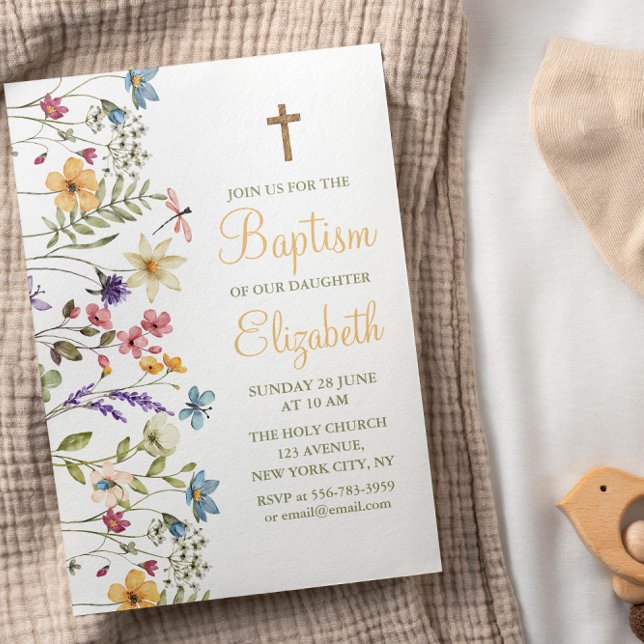 Baby Girl Cute Wild Flowers Baptism Invitation (Baby Girl Cute Wild Flowers Baptism Invitation)