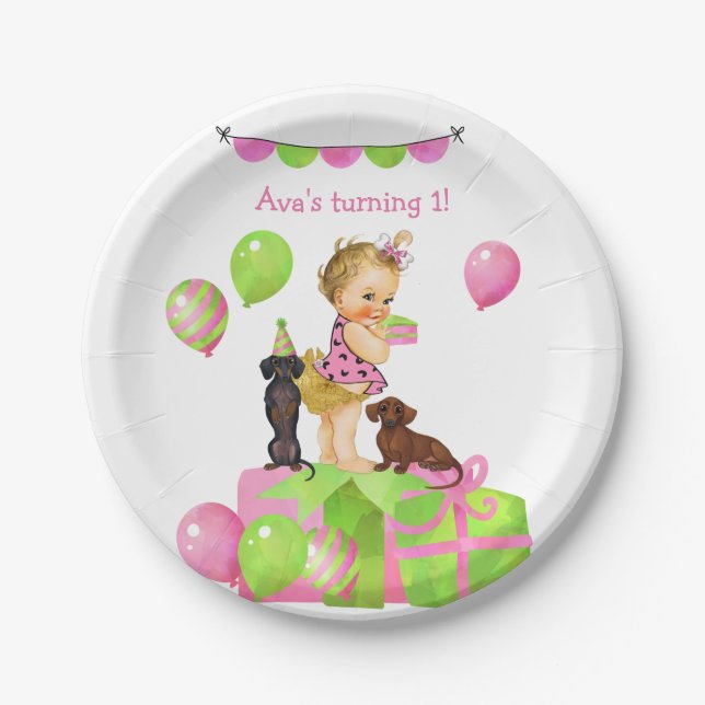 Baby Girl Dachshund Birthday Party Plates (Front)