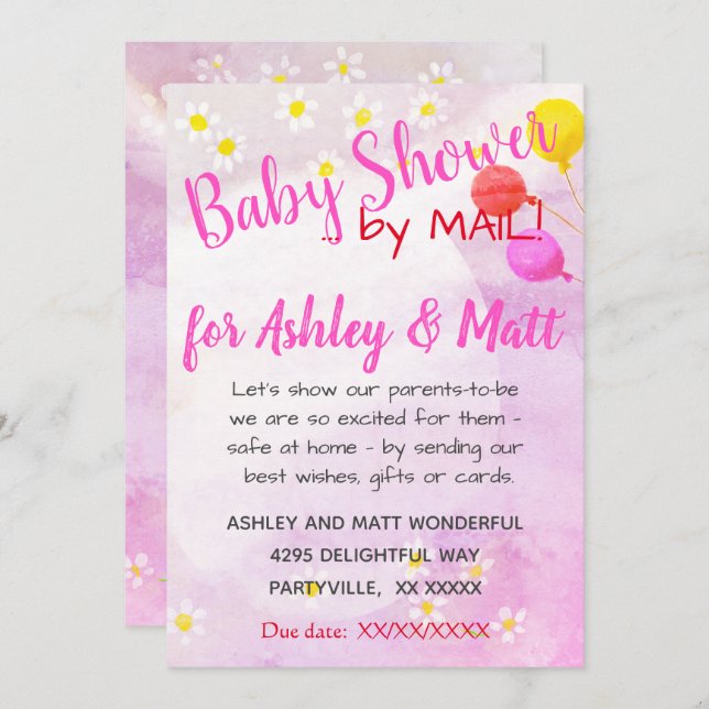 Baby Girl Daisies Balloon Pink  Baby Shower Invitation (Front/Back)