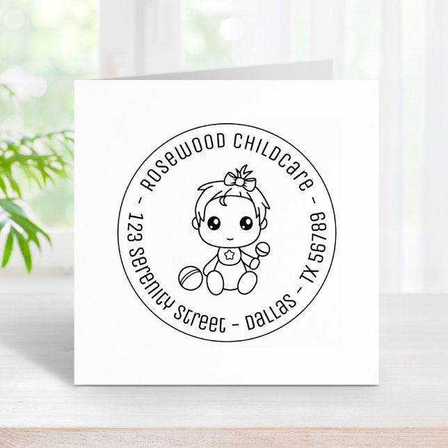 Baby Girl Daycare Childcare Round Address Rubber Stamp (Creator Uploaded)