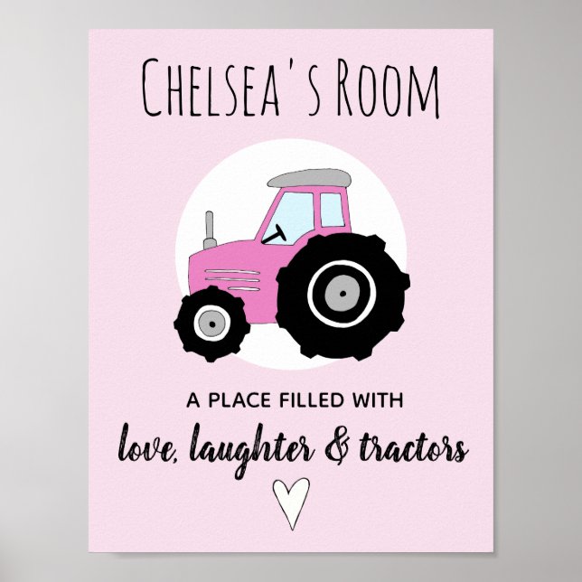 Baby Girl Doodle Pink Farm Tractor Name Nursery Poster (Front)