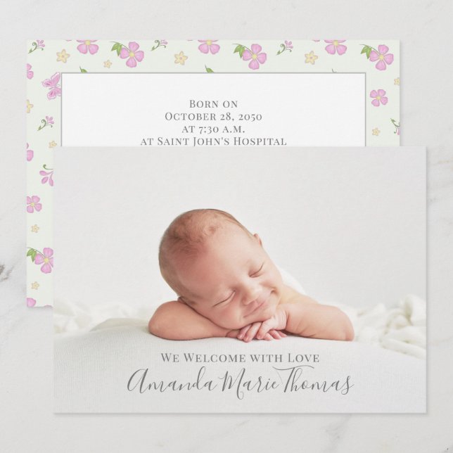 Baby Girl Elegant Pink Butterfly Modern Photo Announcement (Front/Back)