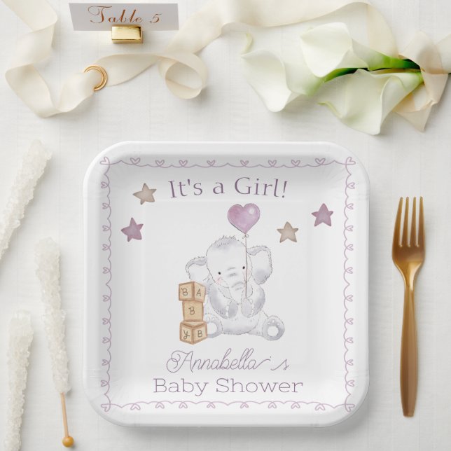 Baby Girl Elephant and Cute Balloon Watercolor Paper Plate (Wedding)