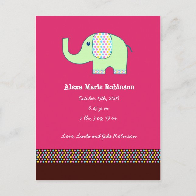 Baby Girl Elephant Announcement Postcard (Front)