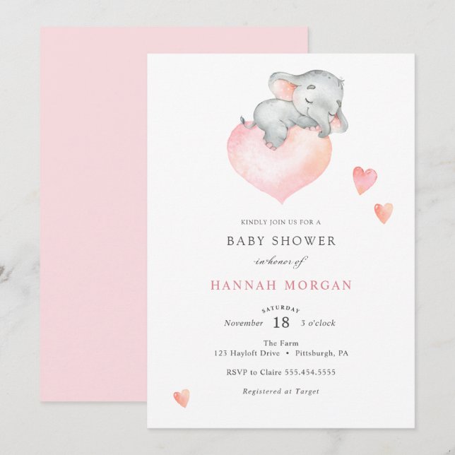 Baby Girl Elephant Baby Shower Invitation (Front/Back)