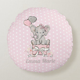 Baby Girl Elephant Balloons Pink Silver Glitter Round Cushion