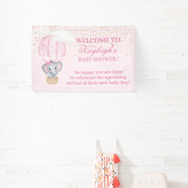  Baby Girl Elephant Hot Air Balloon Baby Shower Banner (Insitu)