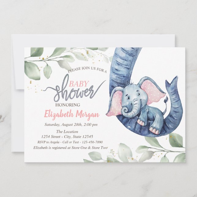 Baby Girl Elephant Leaves Baby Shower Invitation (Front)