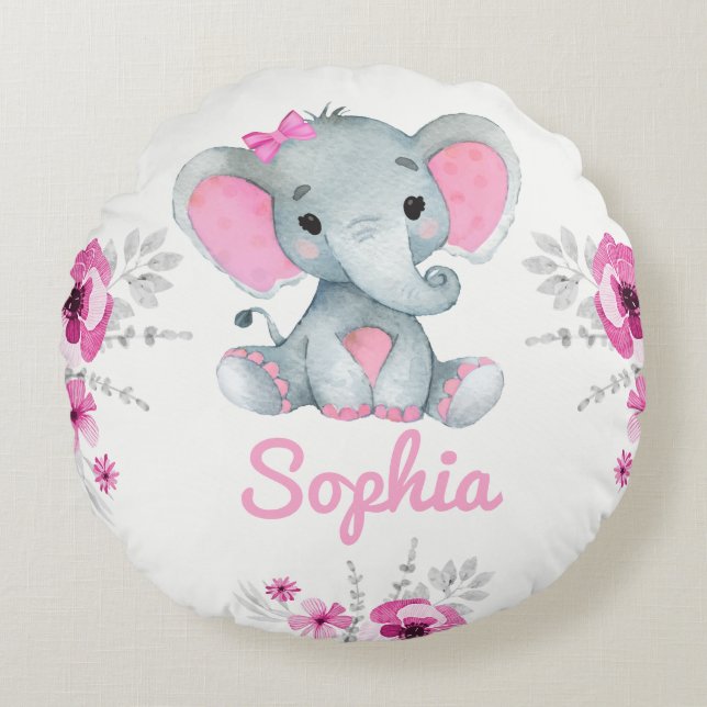 Baby Girl Elephant Name Custom Gift Pink flowers   Round Cushion (Front)
