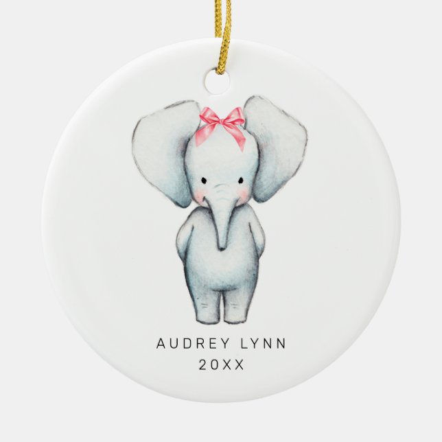 Baby Girl Elephant Personalised 1st Christmas Ceramic Ornament (Front)