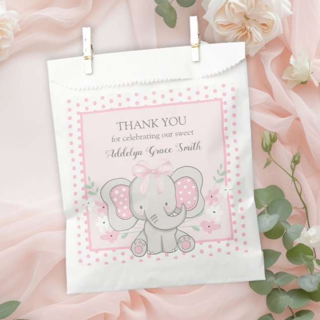 Baby Girl Elephant Pink Polka Dot Sip See Shower Favour Bag (Baby elephant pink and white polka dot baby girl shower/sip and see guest favor bag)