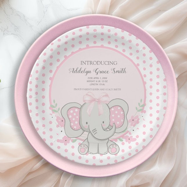 Baby Girl Elephant Pink Polka Dot Sip See Shower Paper Plate (Pink and white polka dots baby elephant little girl baby shower paper plates)