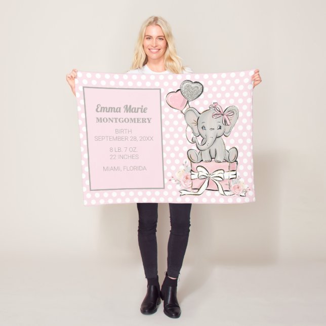 Baby Girl Elephant Pink Silver Birth Announcement Fleece Blanket (In Situ)