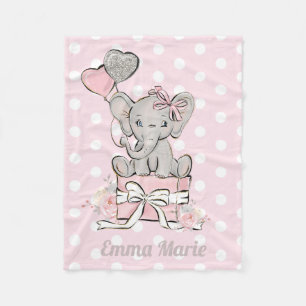 Baby Girl Elephant Pink Silver Glitter Balloons Fleece Blanket