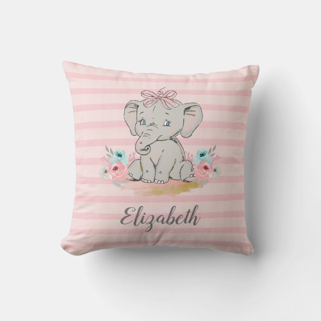 Baby Girl Elephant Watercolor Nursery Cushion (Front)
