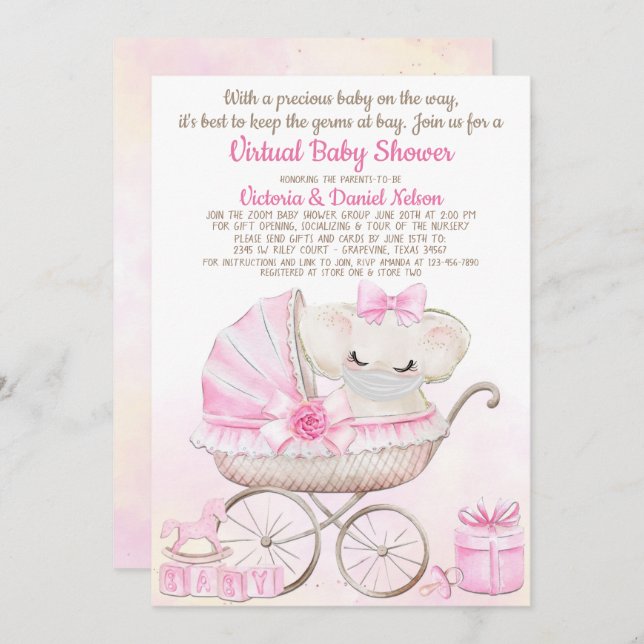 Baby Girl Elephant with Mask Zoom Baby Shower Invitation (Front/Back)