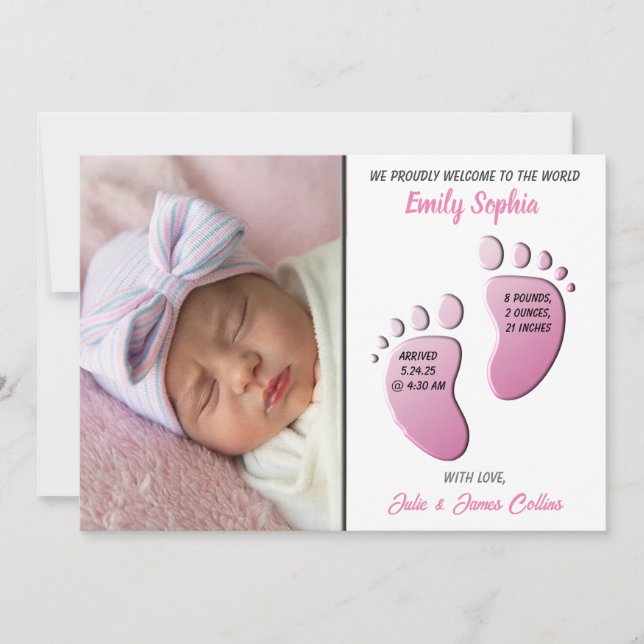 Baby Girl Feet Flat Announcement Card (Front)