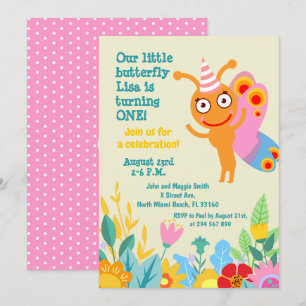 Baby girl first birthday butterfly party invitation