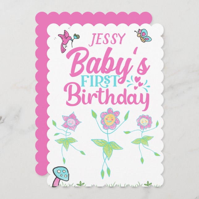 Baby Girl First Birthday  Invitation (Front/Back)