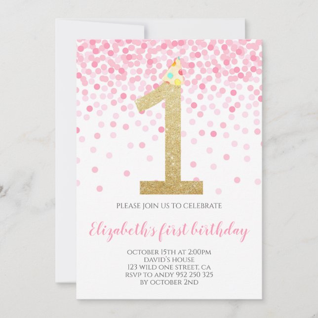 Baby Girl First Birthday Pink Confetti Girl Party Invitation (Front)