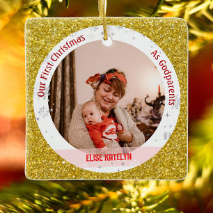 Baby Girl First Christmas As Godparents 2 Photos Ceramic Ornament