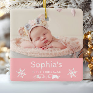 Baby Girl First Christmas Custom Photo Pink Ceramic Ornament