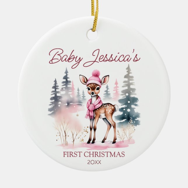 Baby girl first Christmas cute deer photo template Ceramic Ornament (Front)